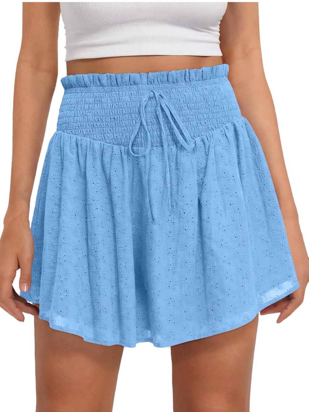 Light Blue Eyelet Smocked Waist Mini Skirt